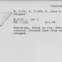 Index card with typed and handwritten information, sometimes including a sketch, of pottery from an excavation.