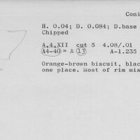 Index card with typed and handwritten information, sometimes including a sketch, of pottery from an excavation.