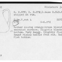 Index card with typed and handwritten information, sometimes including a sketch, of pottery from an excavation.