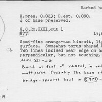 Index card with typed and handwritten information, sometimes including a sketch, of pottery from an excavation.