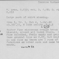 Index card with typed and handwritten information, sometimes including a sketch, of pottery from an excavation.