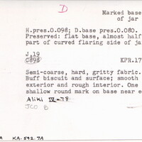 Index card with typed and handwritten information, sometimes including a sketch, of pottery from an excavation.