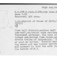 Index card with typed and handwritten information, sometimes including a sketch, of pottery from an excavation.