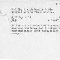 Index card with typed and handwritten information, sometimes including a sketch, of pottery from an excavation.