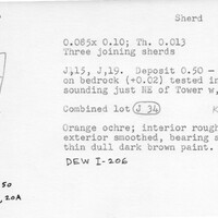 Index card with typed and handwritten information, sometimes including a sketch, of pottery from an excavation.