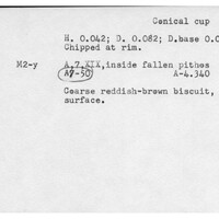Index card with typed and handwritten information, sometimes including a sketch, of pottery from an excavation.