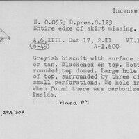 Index card with typed and handwritten information, sometimes including a sketch, of pottery from an excavation.