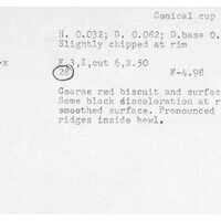 Index card with typed and handwritten information, sometimes including a sketch, of pottery from an excavation.
