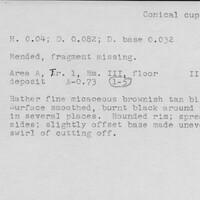 Index card with typed and handwritten information, sometimes including a sketch, of pottery from an excavation.
