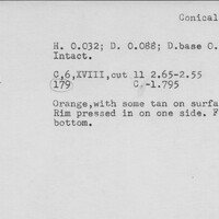 Index card with typed and handwritten information, sometimes including a sketch, of pottery from an excavation.