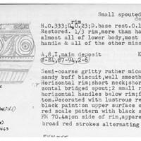 Index card with typed and handwritten information, sometimes including a sketch, of pottery from an excavation.
