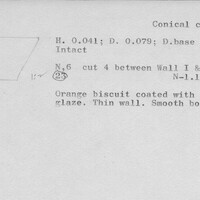 Index card with typed and handwritten information, sometimes including a sketch, of pottery from an excavation.