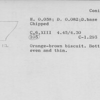 Index card with typed and handwritten information, sometimes including a sketch, of pottery from an excavation.