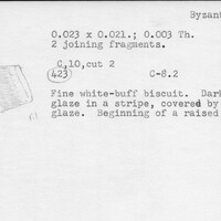 Index card with typed and handwritten information, sometimes including a sketch, of pottery from an excavation.