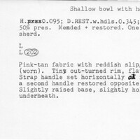 Index card with typed and handwritten information, sometimes including a sketch, of pottery from an excavation.
