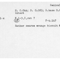 Index card with typed and handwritten information, sometimes including a sketch, of pottery from an excavation.