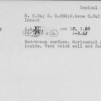 Index card with typed and handwritten information, sometimes including a sketch, of pottery from an excavation.