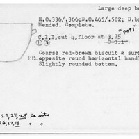Index card with typed and handwritten information, sometimes including a sketch, of pottery from an excavation.