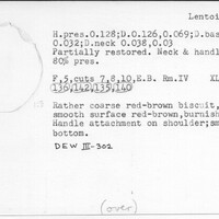 Index card with typed and handwritten information, sometimes including a sketch, of pottery from an excavation.