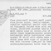 Index card with typed and handwritten information, sometimes including a sketch, of pottery from an excavation.