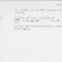 Index card with typed and handwritten information, sometimes including a sketch, of pottery from an excavation.