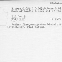 Index card with typed and handwritten information, sometimes including a sketch, of pottery from an excavation.