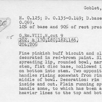 Index card with typed and handwritten information, sometimes including a sketch, of pottery from an excavation.