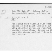 Index card with typed and handwritten information, sometimes including a sketch, of pottery from an excavation.