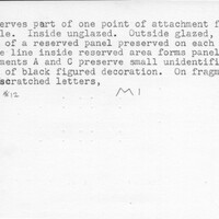 Index card with typed and handwritten information, sometimes including a sketch, of pottery from an excavation.
