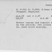 Index card with typed and handwritten information, sometimes including a sketch, of pottery from an excavation.