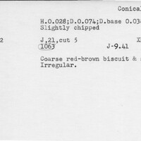 Index card with typed and handwritten information, sometimes including a sketch, of pottery from an excavation.