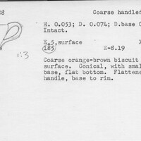 Index card with typed and handwritten information, sometimes including a sketch, of pottery from an excavation.