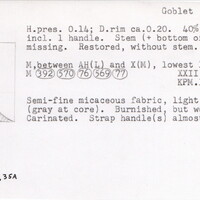 Index card with typed and handwritten information, sometimes including a sketch, of pottery from an excavation.