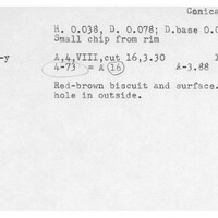 Index card with typed and handwritten information, sometimes including a sketch, of pottery from an excavation.