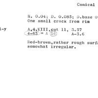 Index card with typed and handwritten information, sometimes including a sketch, of pottery from an excavation.