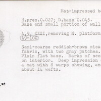 Index card with typed and handwritten information, sometimes including a sketch, of pottery from an excavation.