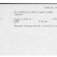 Index card with typed and handwritten information, sometimes including a sketch, of pottery from an excavation.