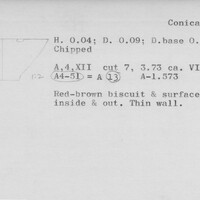Index card with typed and handwritten information, sometimes including a sketch, of pottery from an excavation.