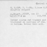 Index card with typed and handwritten information, sometimes including a sketch, of pottery from an excavation.