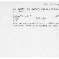 Index card with typed and handwritten information, sometimes including a sketch, of pottery from an excavation.