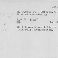 Index card with typed and handwritten information, sometimes including a sketch, of pottery from an excavation.