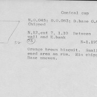 Index card with typed and handwritten information, sometimes including a sketch, of pottery from an excavation.