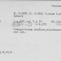 Index card with typed and handwritten information, sometimes including a sketch, of pottery from an excavation.