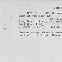 Index card with typed and handwritten information, sometimes including a sketch, of pottery from an excavation.