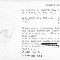 Index card with typed and handwritten information, sometimes including a sketch, of pottery from an excavation.
