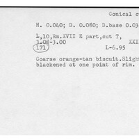 Index card with typed and handwritten information, sometimes including a sketch, of pottery from an excavation.