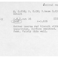 Index card with typed and handwritten information, sometimes including a sketch, of pottery from an excavation.