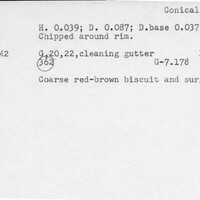 Index card with typed and handwritten information, sometimes including a sketch, of pottery from an excavation.