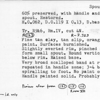 Index card with typed and handwritten information, sometimes including a sketch, of pottery from an excavation.