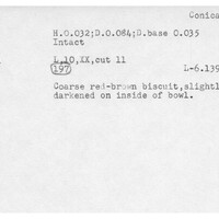 Index card with typed and handwritten information, sometimes including a sketch, of pottery from an excavation.